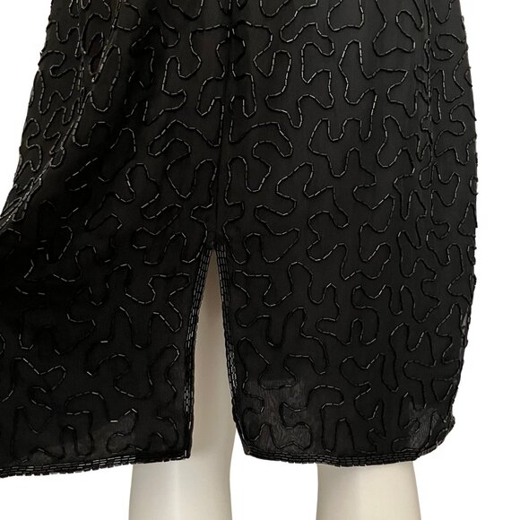 Vintage 80s 100% Silk Beaded Sequin Black Gold Cocktail Dress M/L Deco Flapper - Picture 12 of 15